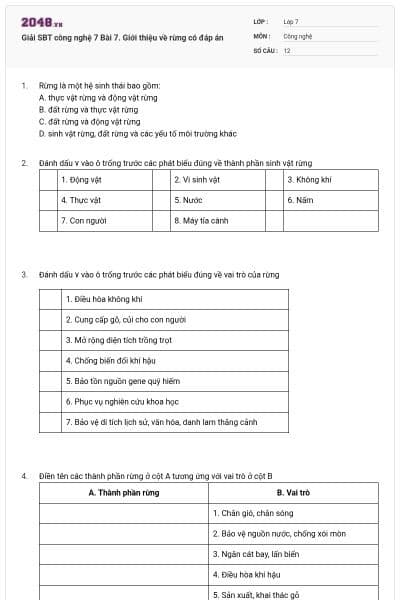 Giải SBT công nghệ 7 Bài 7. Giới thiệu về rừng có đáp án