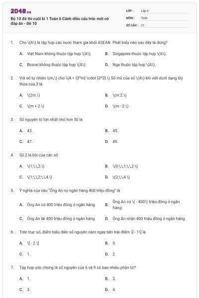 Bộ 10 đề thi cuối kì 1 Toán 6 Cánh diều cấu trúc mới có đáp án - Đề 10