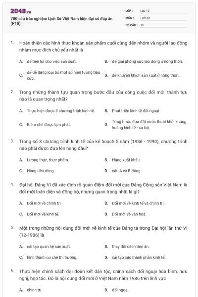 700 câu trắc nghiệm Lịch Sử Việt Nam hiện đại có đáp án (P18)