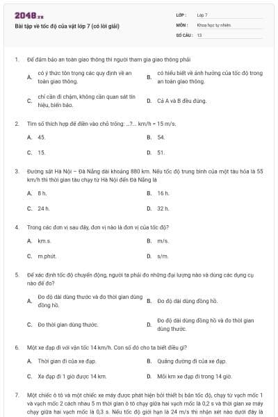 Bài tập về tốc độ của vật lớp 7 (có lời giải)