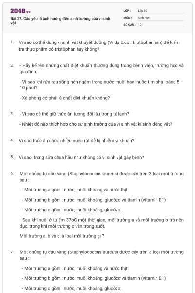 Bài 27: Các yếu tố ảnh hưởng đến sinh trưởng của vi sinh vật