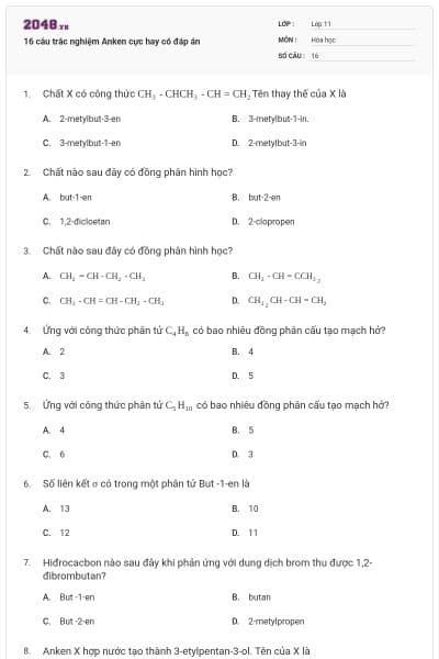 16 câu trắc nghiệm Anken cực hay có đáp án