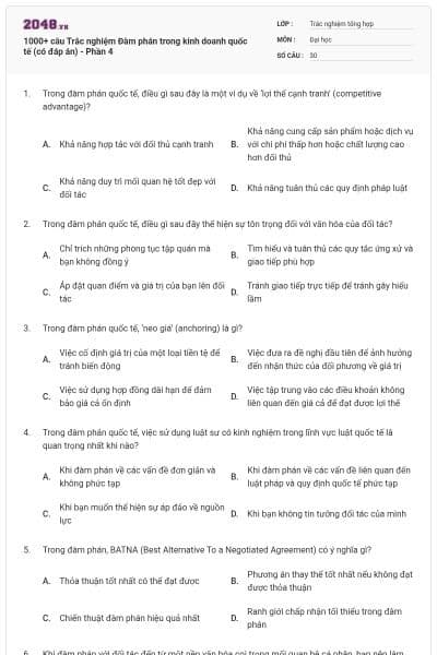 1000+ câu Trắc nghiệm Đàm phán trong kinh doanh quốc tế (có đáp án) - Phần 4