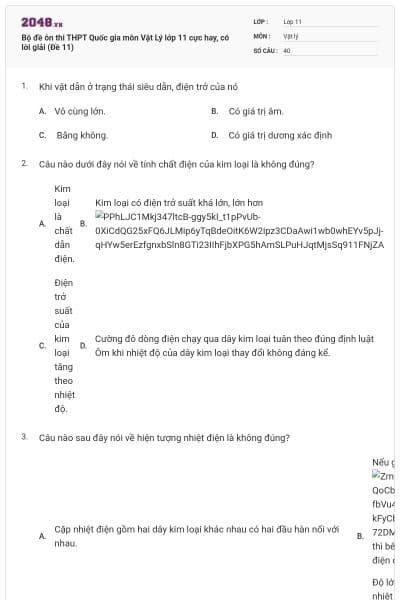 Bộ đề ôn thi THPT Quốc gia môn Vật Lý lớp 11 cực hay, có lời giải (Đề 11)