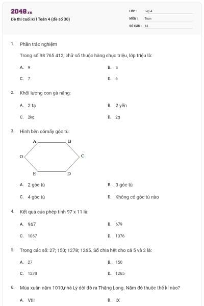 Đề thi cuối kì I Toán 4 (đề số 30)