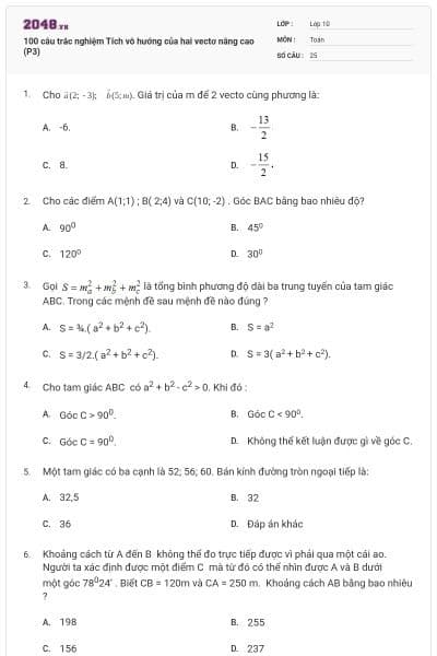100 câu trắc nghiệm Tích vô hướng của hai vectơ nâng cao (P3)