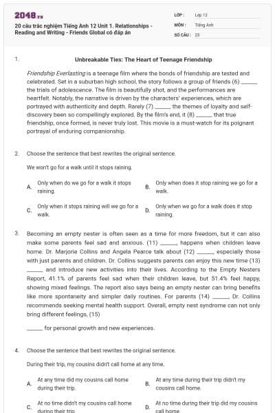 20 câu trắc nghiệm Tiếng Anh 12 Unit 1. Relationships - Reading and Writing - Friends Global có đáp án
