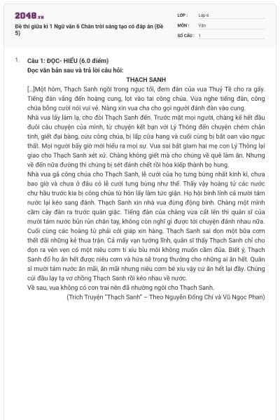 Đề thi giữa kì 1 Ngữ văn 6 Chân trời sáng tạo có đáp án (Đề 5)
