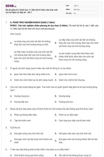 Đề thi giữa kì 2 Sinh học 11 Kết nối tri thức cấu trúc mới (có tự luận) có đáp án - Đề 1