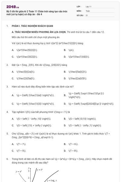 Bộ 5 đề thi giữa kì 2 Toán 11 Chân trời sáng tạo cấu trúc mới (có tự luận) có đáp án - Đề 4