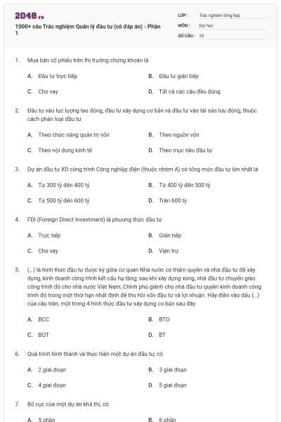 1000+ câu Trắc nghiệm Quản lý đầu tư (có đáp án) - Phần 1