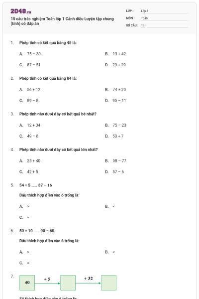 15 câu trắc nghiệm Toán lớp 1 Cánh diều Luyện tập chung (tính) có đáp án
