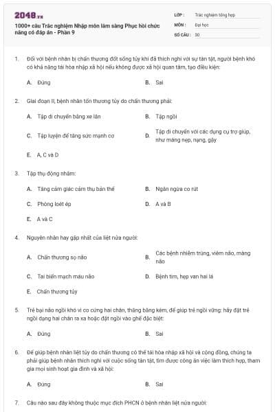 1000+ câu Trắc nghiệm Nhập môn lâm sàng Phục hồi chức năng có đáp án - Phần 9