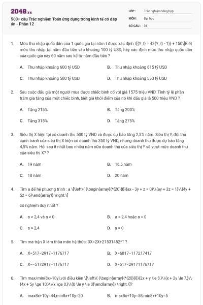 500+ câu Trắc nghiệm Toán ứng dụng trong kinh tế có đáp án - Phần 12