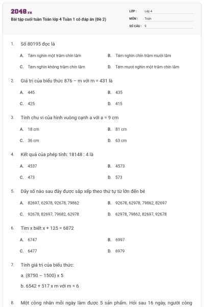 Bài tập cuối tuần Toán lớp 4 Tuần 1 có đáp án (Đề 2)