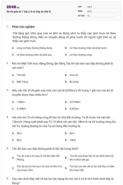 Đề thi giữa kì 1 Vật Lí 8 có đáp án (Đề 4)