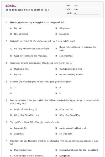 Bộ 15 đề thi học kì 1 Địa lí 12 có đáp án - Đề 7