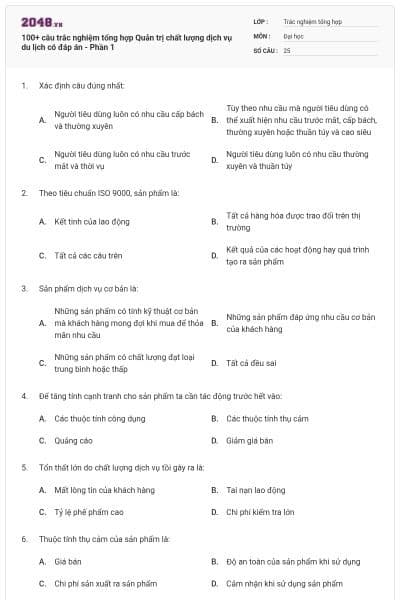 100+ câu trắc nghiệm tổng hợp Quản trị chất lượng dịch vụ du lịch có đáp án - Phần 1