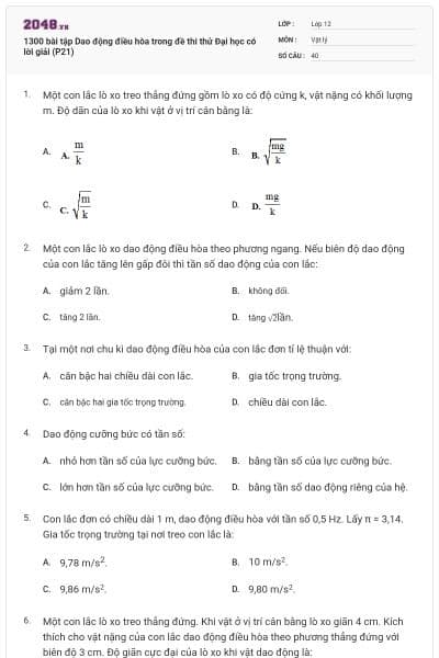 1300 bài tập Dao động điều hòa trong đề thi thử Đại học có lời giải (P21)