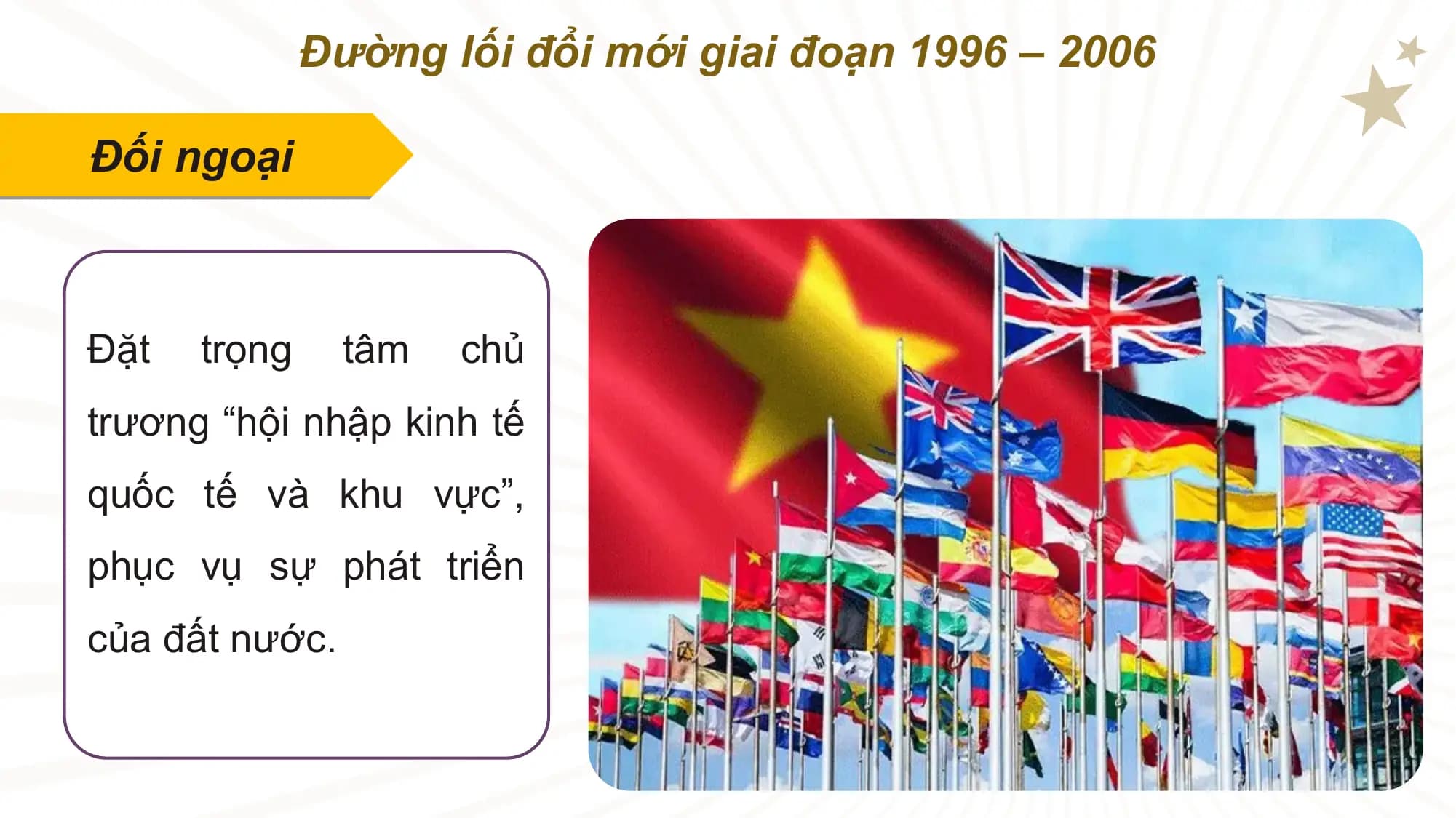 Đường lối đổi mới giai đoạn 1996 – 2006

Đối ngoại

Đặt trọng tâm chủ
trương “hội nhập kinh tế
quốc tế và khu vực”,
phục vụ sự phát triển
của đất nước.