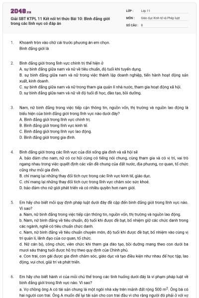 Giải SBT KTPL 11 Kết nối tri thức Bài 10: Bình đẳng giới trong các lĩnh vực có đáp án
