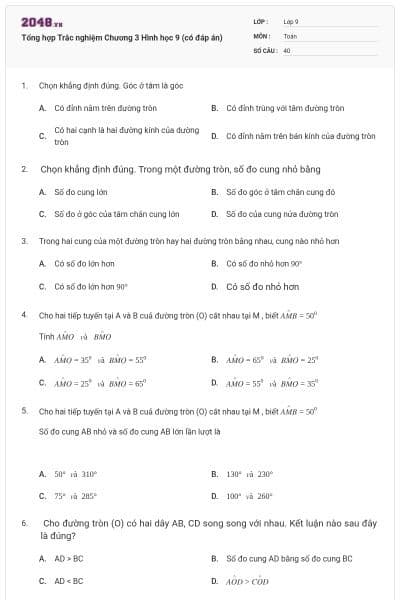 Tổng hợp Trắc nghiệm Chương 3 Hình học 9 (có đáp án)