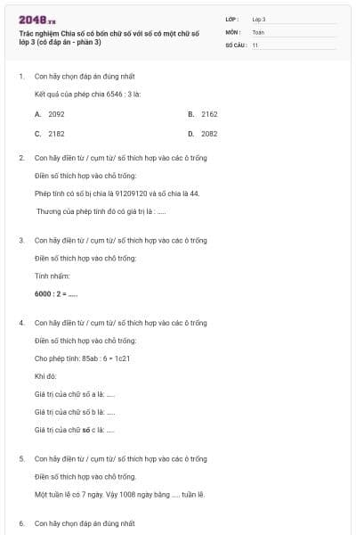 Trắc nghiệm Chia số có bốn chữ số với số có một chữ số lớp 3 (có đáp án - phần 3)