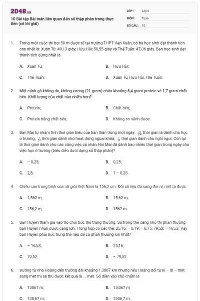 10 Bài tập Bài toán liên quan đến số thập phân trong thực tiễn (có lời giải)