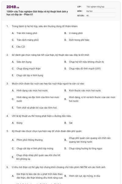1000+ câu Trắc nghiệm Giới thiệu về kỹ thuật hình ảnh y học có đáp án - Phần 61