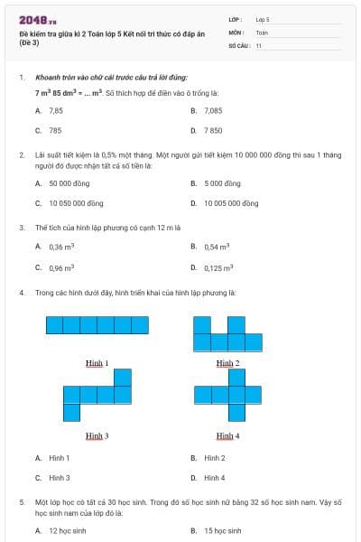 Đề kiểm tra giữa kì 2 Toán lớp 5 Kết nối tri thức có đáp án (Đề 3)
