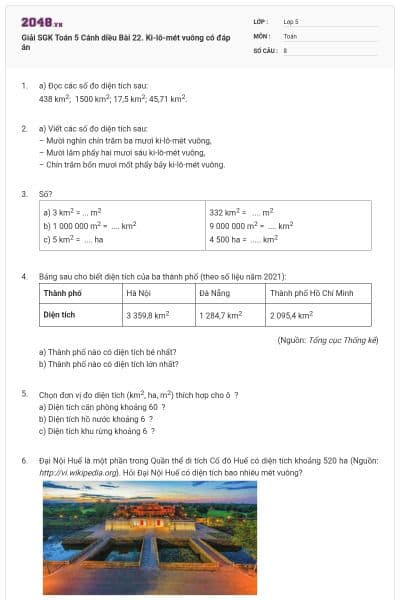 Giải SGK Toán 5 Cánh diều Bài 22. Ki-lô-mét vuông có đáp án
