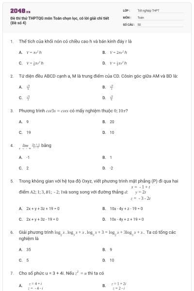 Đề thi thử THPTQG môn Toán chọn lọc, có lời giải chi tiết (Đề số 4)