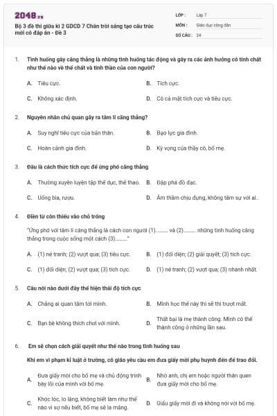 Bộ 3 đề thi giữa kì 2 GDCD 7 Chân trời sáng tạo cấu trúc mới có đáp án - Đề 3