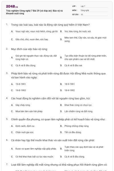 Trắc nghiệm Công nghệ 7 Bài 29 (có đáp án): Bảo vệ và khoanh nuôi rừng