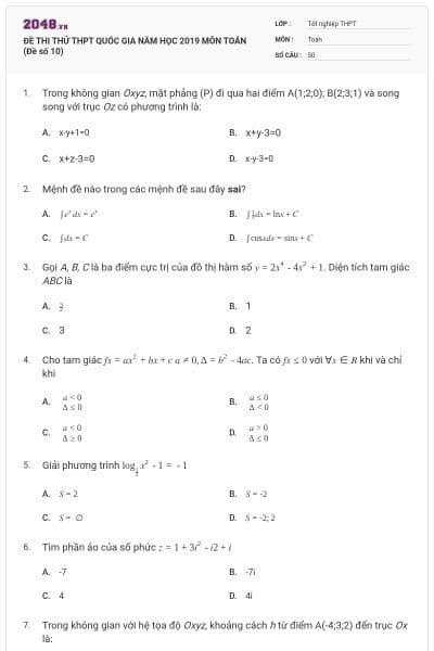 ĐỀ THI THỬ THPT QUỐC GIA NĂM HỌC 2019 MÔN TOÁN (Đề số 10)