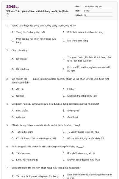 380 câu Trắc nghiệm Hành vi khách hàng có đáp án (Phần 7)