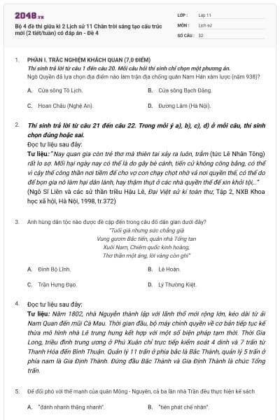 Bộ 4 đề thi giữa kì 2 Lịch sử 11 Chân trời sáng tạo cấu trúc mới (2 tiết/tuần) có đáp án - Đề 4