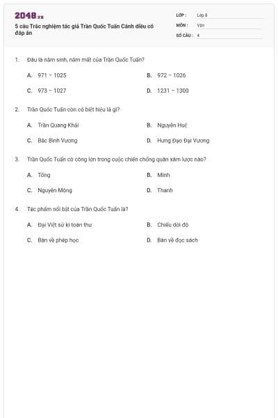 5 câu Trắc nghiệm tác giả Trần Quốc Tuấn Cánh diều có đáp án