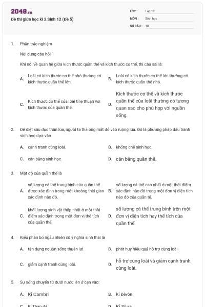 Đề thi giữa học kì 2 Sinh 12 (Đề 5)
