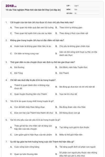10 câu Trắc nghiệm Phân tích văn bản Dế Chọi (có đáp án)