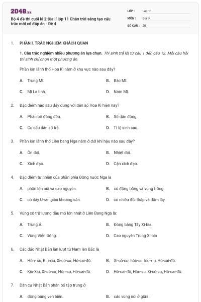 Bộ 4 đề thi cuối kì 2 Địa lí lớp 11 Chân trời sáng tạo cấu trúc mới có đáp án - Đề 4