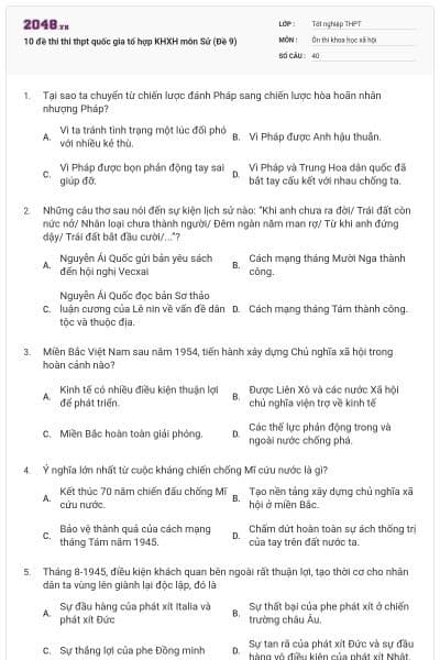 10 đề thi thi thpt quốc gia tổ hợp KHXH môn Sử (Đề 9)