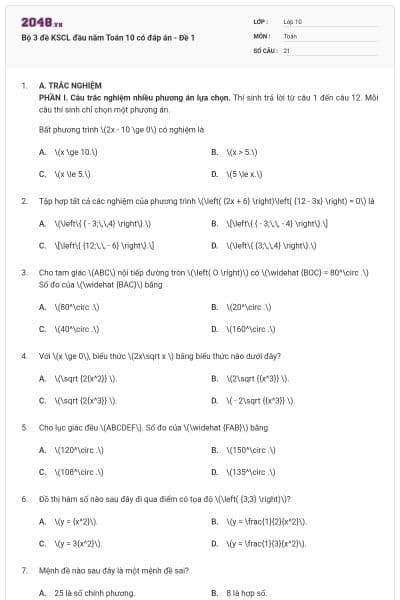 Bộ 3 đề KSCL đầu năm Toán 10 có đáp án - Đề 1