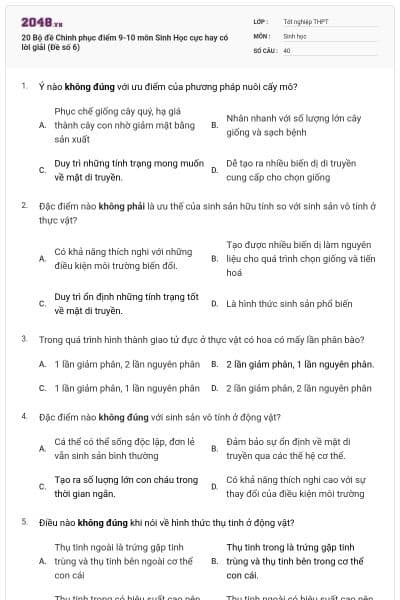 20 Bộ đề Chinh phục điểm 9-10 môn Sinh Học cực hay có lời giải (Đề số 6)