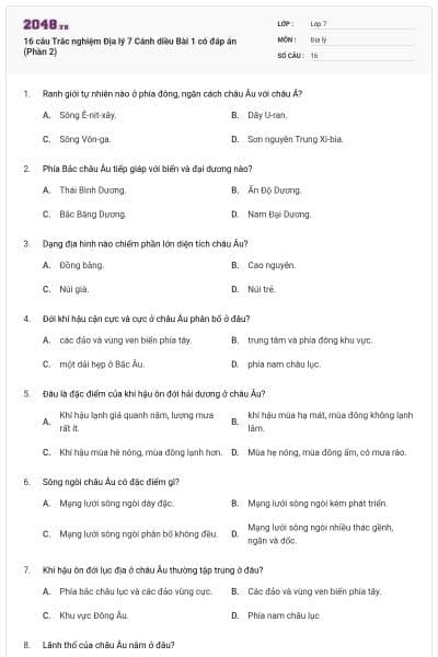 16 câu Trắc nghiệm Địa lý 7 Cánh diều Bài 1 có đáp án (Phần 2)