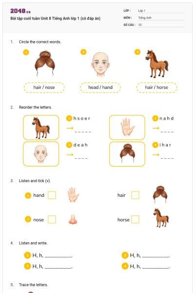 Bài tập cuối tuần Unit 8 Tiếng Anh lớp 1 (có đáp án)