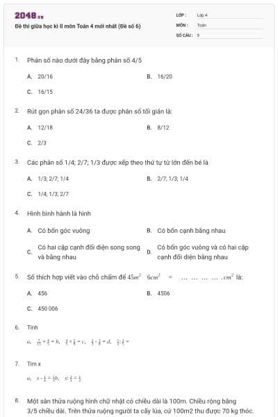 Đề thi giữa học kì II môn Toán 4 mới nhất (Đề số 6)
