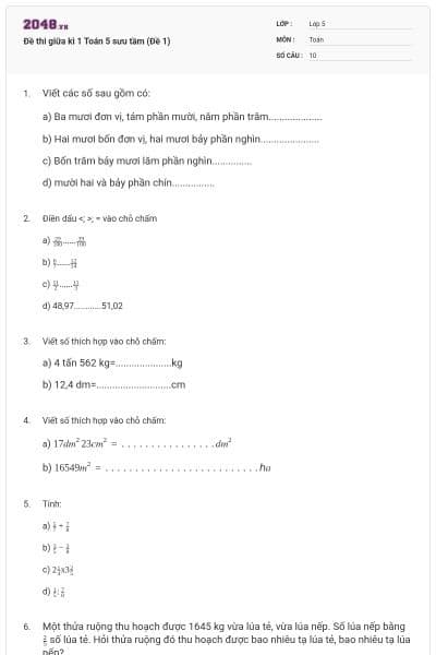 Đề thi giữa kì 1 Toán 5 sưu tầm (Đề 1)