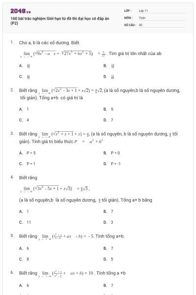 160 bài trắc nghiệm Giới hạn từ đề thi đại học có đáp án (P2)
