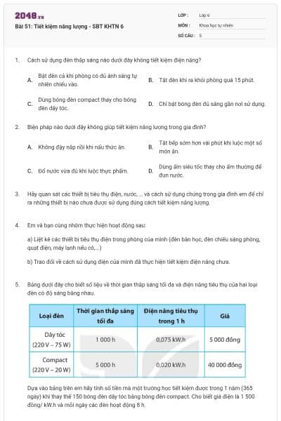 Bài 51: Tiết kiệm năng lượng - SBT KHTN 6